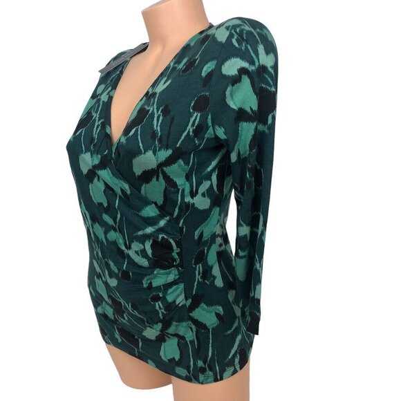 NWT Talbots Sweater Top Green Floral V Neck Faux Wrap 3/4 Sleeve Size XS - Picture 4 of 8